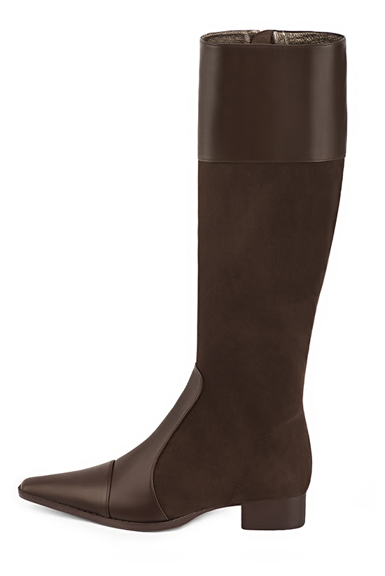 French elegance and refinement for these dark brown riding knee-high boots, 
                available in many subtle leather and colour combinations. Record your foot and leg measurements.
We will adjust this beautiful boot with inner zip to your leg measurements in height and width.
For fans of slim, feminine designs.
You can customise it with your own materials and colours on the "My favourites" page.
 
                Made to measure. Especially suited to thin or thick calves.
                Matching clutches for parties, ceremonies and weddings.   
                You can customize these knee-high boots to perfectly match your tastes or needs, and have a unique model.  
                Choice of leathers, colours, knots and heels. 
                Wide range of materials and shades carefully chosen.  
                Rich collection of flat, low, mid and high heels.  
                Small and large shoe sizes - Florence KOOIJMAN